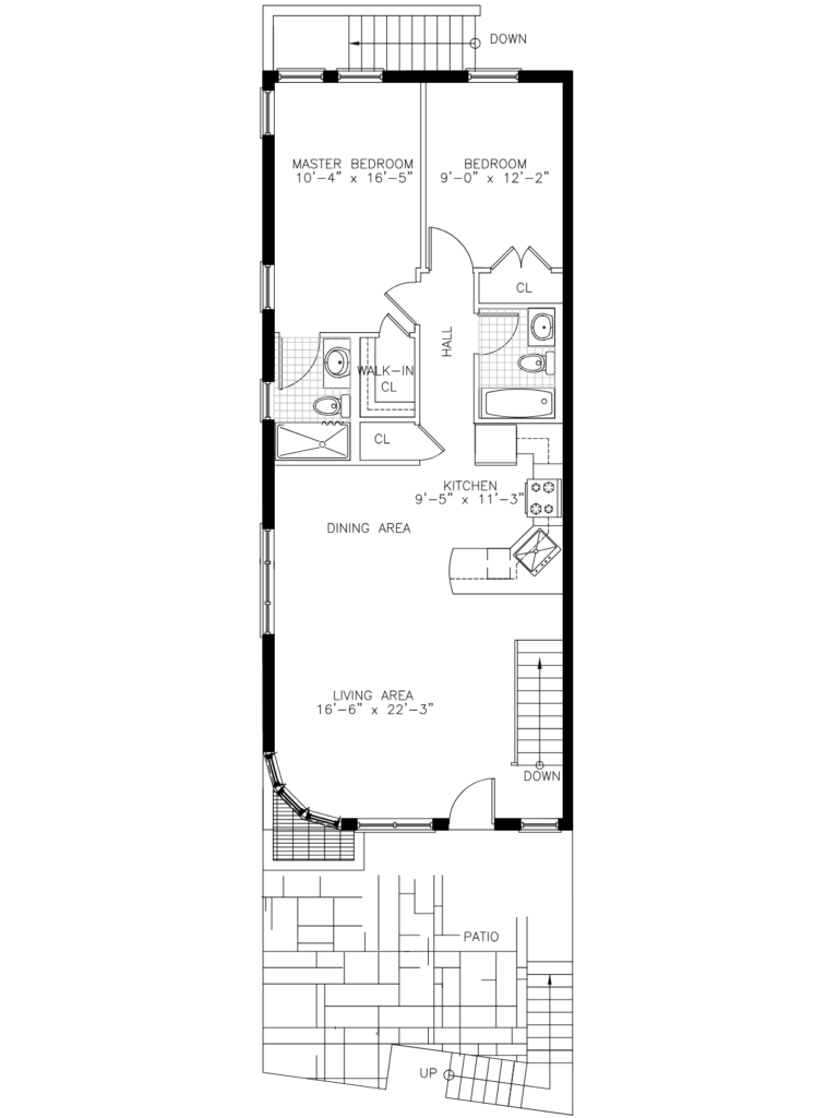 Architectural floor plan of Belle Shores Unit 1 showing living room, dining area, kitchen, two bedrooms, two bathrooms, walk-in closet, patio, and stair access.