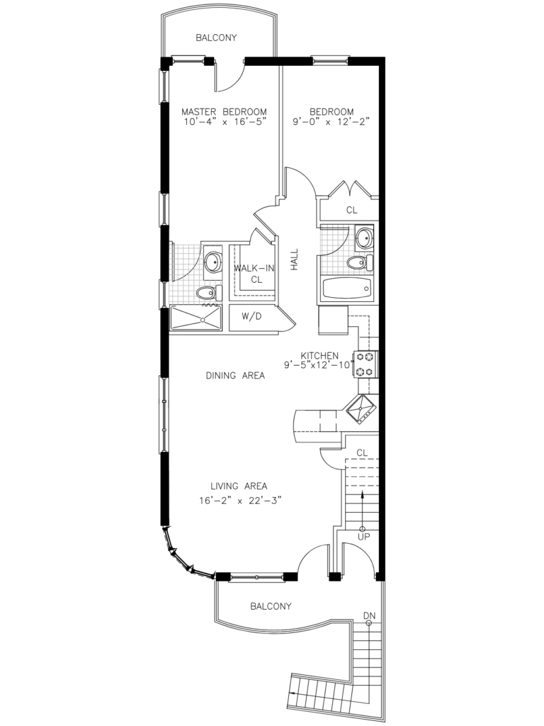 Architectural second-floor plan of Belle Shores featuring an open living and dining area, kitchen with island, skylights, fireplace, and rooftop terrace with arbor.