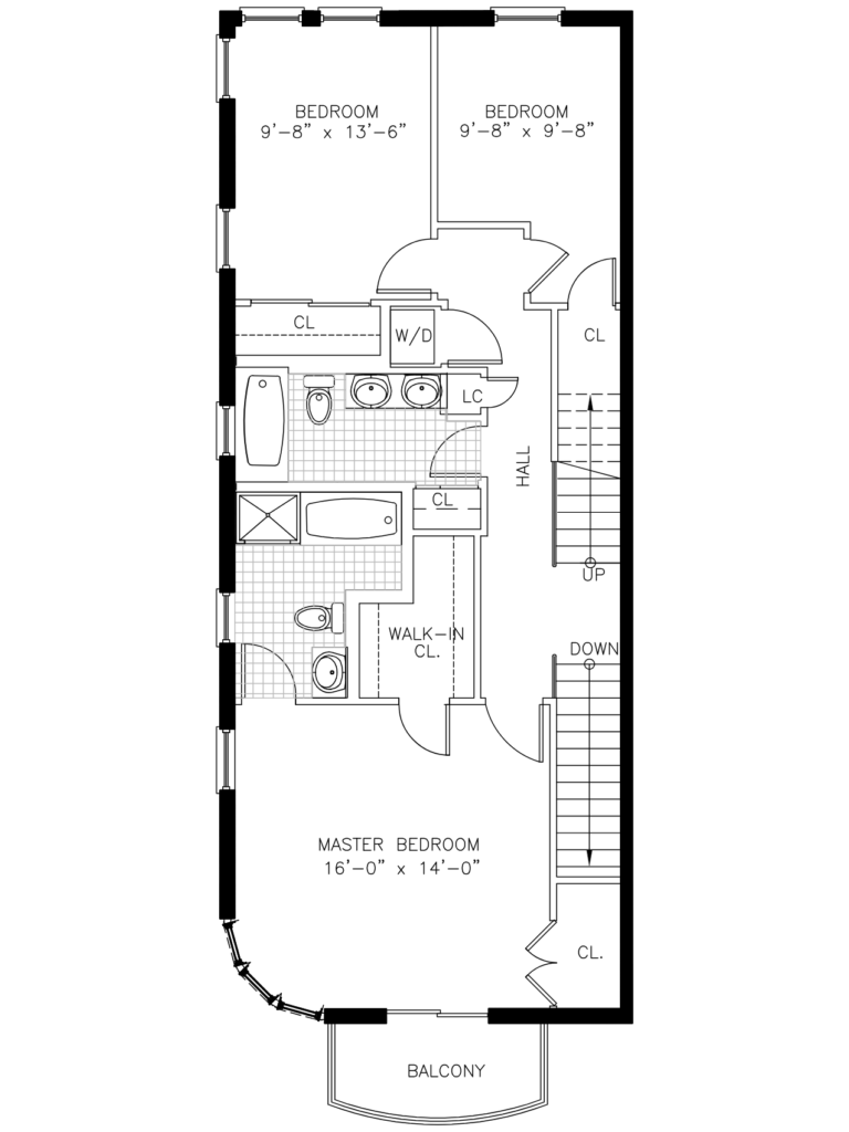 Architectural third-floor residential plan showing two bedrooms, master suite, kitchen, dining area, living room, bathrooms, walk-in closet, and balconies.