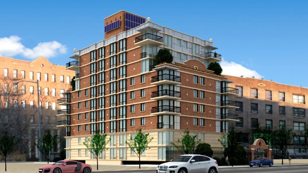 Modern multi-story residential tower rendering with balconies and urban streetscape
