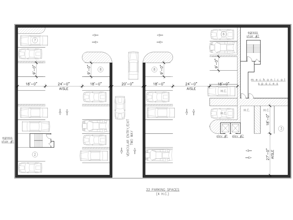 Architectural cellar parking level plan showing vehicle circulation, parking stalls, elevators, mechanical rooms, accessible parking spaces, and emergency egress stairs.