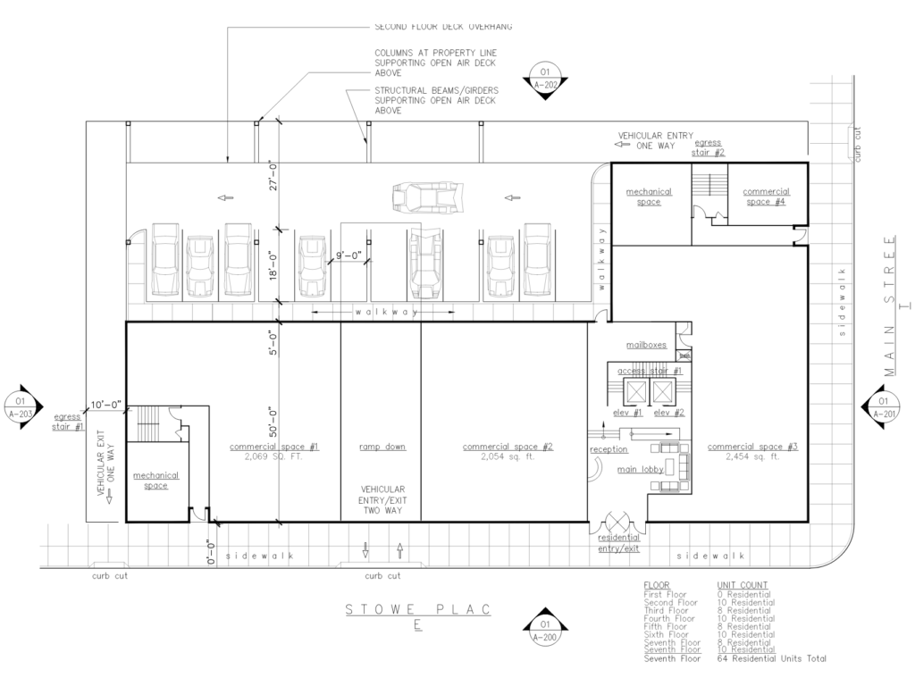 Architectural first-floor plan showing commercial retail spaces, lobby, reception area, elevators, parking access, mailroom, mechanical rooms, and pedestrian circulation.