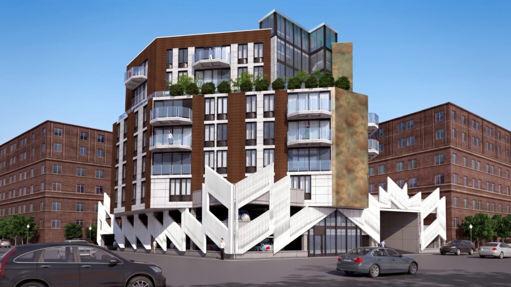 Modern residential building rendering with geometric parking structure facade and balconies