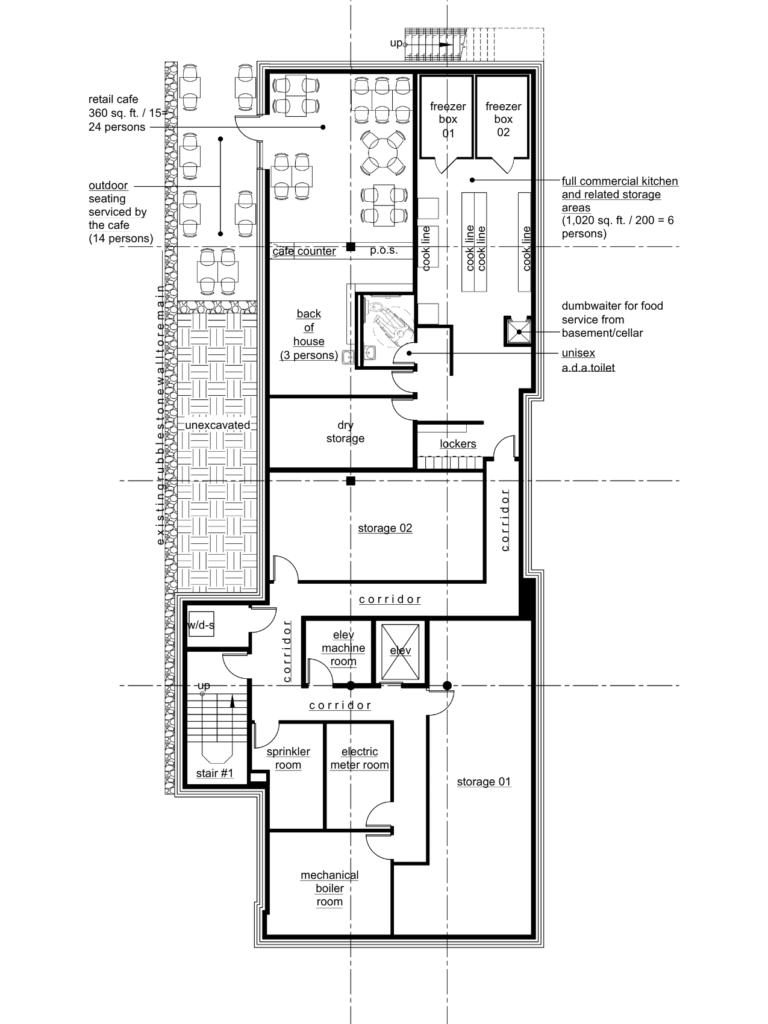 Architectural basement floor plan for the Newburgh Cultural Arts Center showing commercial kitchen, café support spaces, storage areas, mechanical rooms, elevator, and circulation paths.