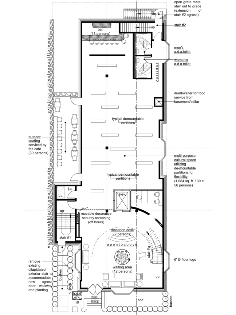 First floor architectural plan for the Newburgh Cultural Arts Center featuring reception, waiting area, multipurpose cultural space, bar area, outdoor seating, and public circulation.