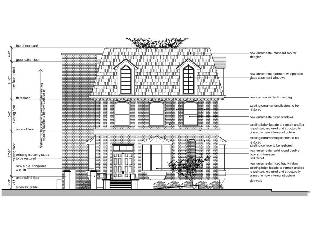 Front elevation drawing of the Newburgh Cultural Arts Center showing restored historic façade, new mansard roof, dormers, accessible lift, and architectural detailing.