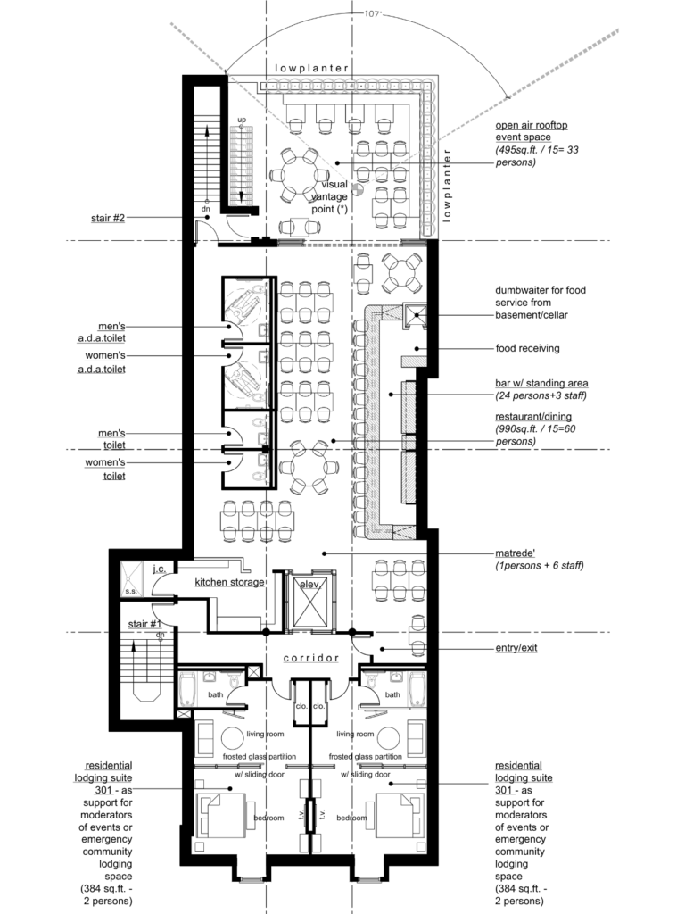 Third floor architectural plan featuring restaurant dining space, bar area, rooftop event terrace, lodging suites, kitchen support areas, and accessibility features.