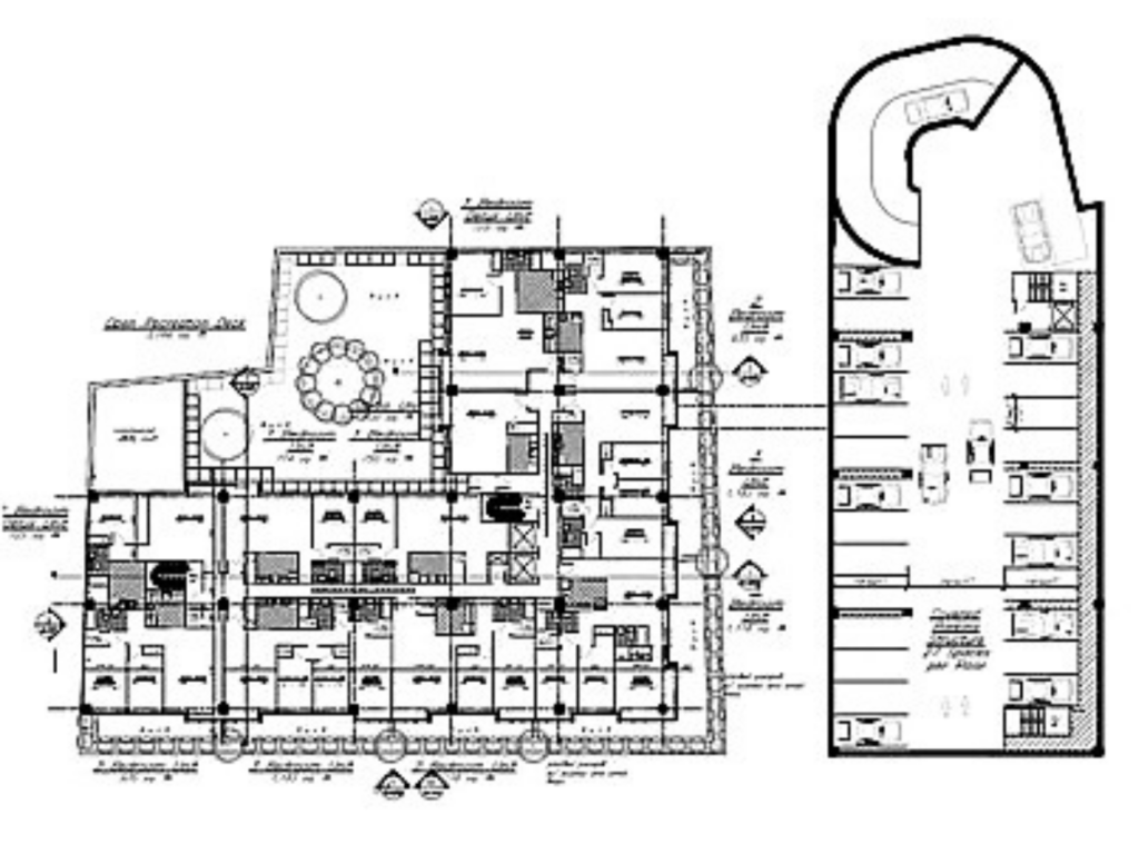 Annotated architectural site and floor plan showing residential units, courtyard, parking area, dimensions, and building layout relationships.