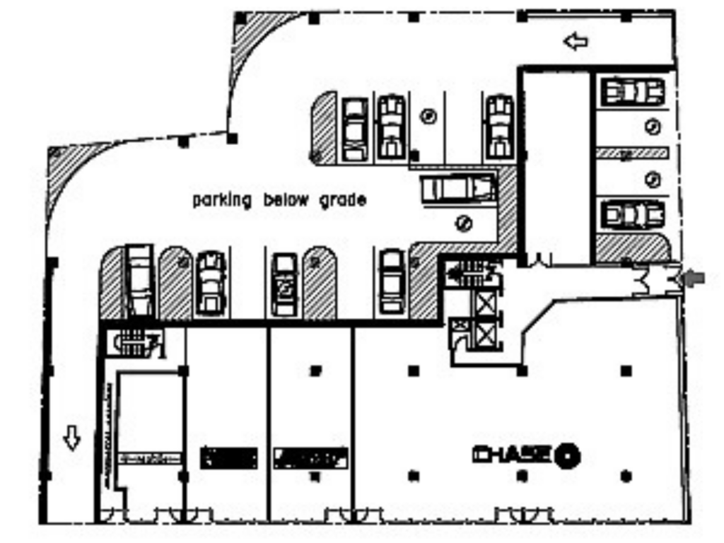 Architectural basement level plan showing below-grade parking layout, circulation paths, elevators, stairs, and service areas for the Bayview–Inwood mixed-use development.
