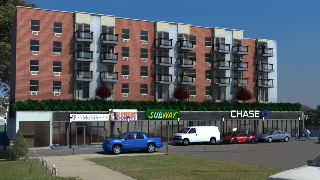 Mixed-use residential and retail development rendering with storefronts and apartment balconies