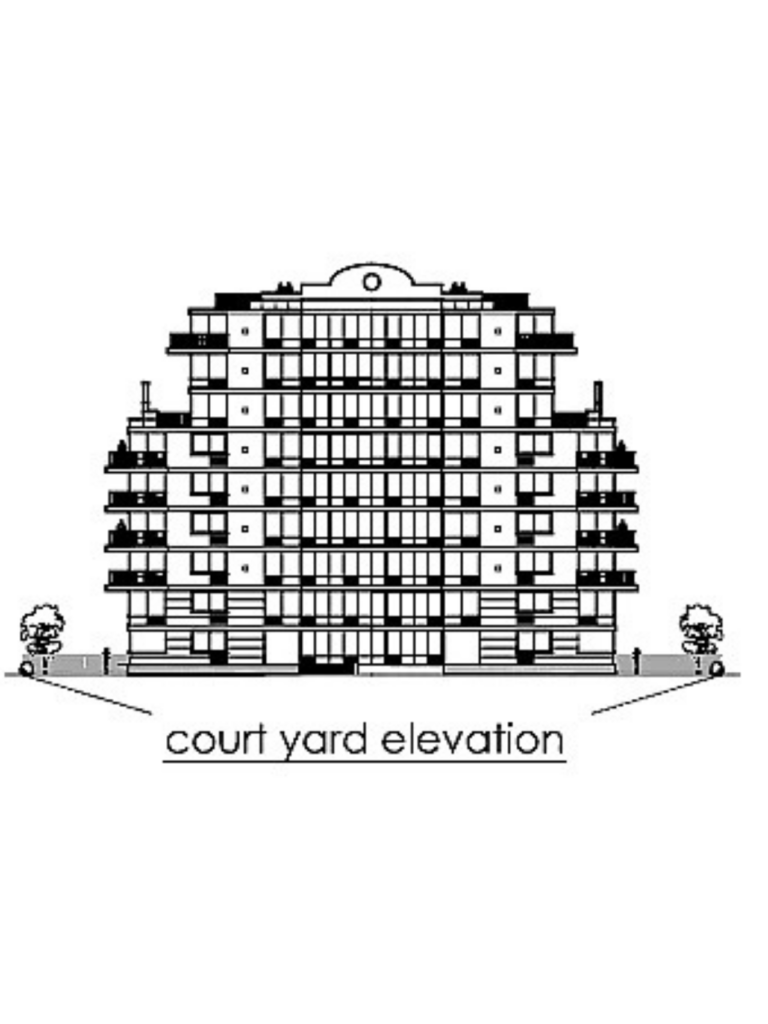 Architectural courtyard elevation drawing of the Caton Avenue residential development showing balconies, windows, and stepped massing.