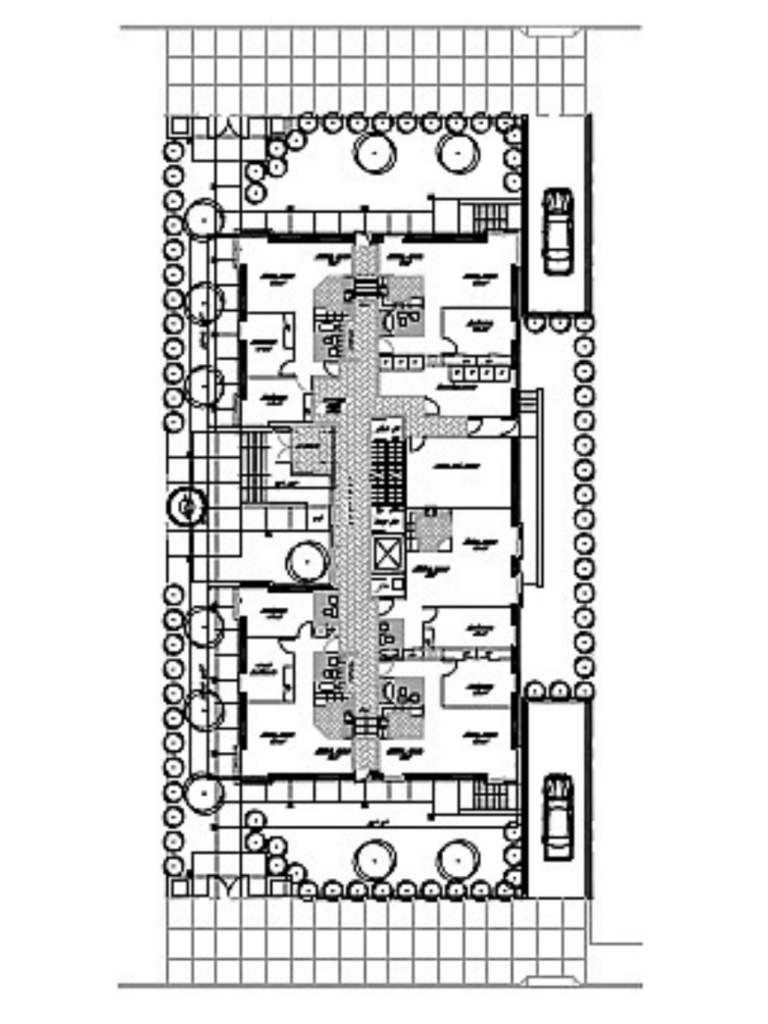 Ground floor architectural plan for the Caton Avenue residential development showing residential units, circulation corridors, landscaping, and site layout.