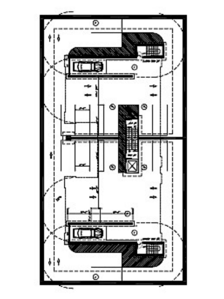 Sub-cellar parking layout for the Caton Avenue residential development showing vehicle circulation, parking spaces, elevator core, and stair access.