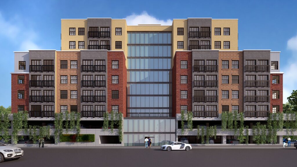 Modern multi-family residential development rendering with balconies and glass center facade