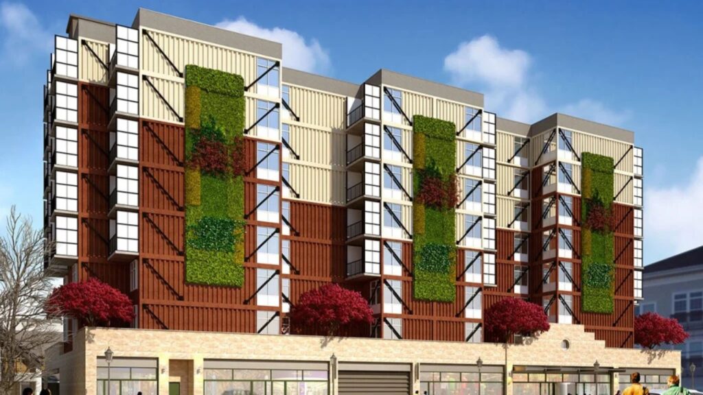 Modern mixed-use residential building rendering with green wall features and retail storefronts