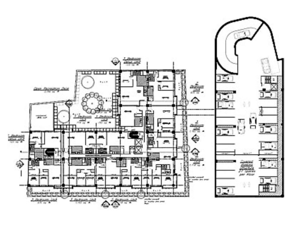 Annotated architectural site and floor plan showing residential units, courtyard, parking area, dimensions, and building layout relationships.