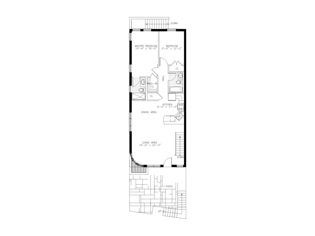 Architectural floor plan of Belle Shores Unit 1 showing living room, dining area, kitchen, two bedrooms, two bathrooms, walk-in closet, patio, and stair access.