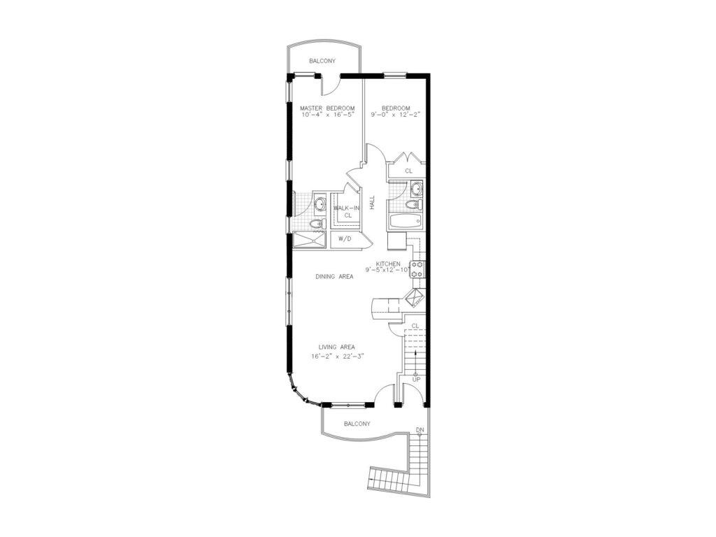 Architectural second-floor plan of Belle Shores featuring an open living and dining area, kitchen with island, skylights, fireplace, and rooftop terrace with arbor.
