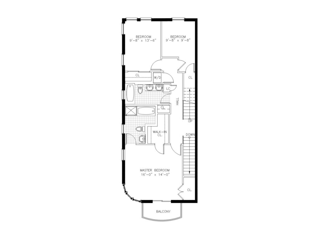 Architectural third-floor residential plan showing two bedrooms, master suite, kitchen, dining area, living room, bathrooms, walk-in closet, and balconies.