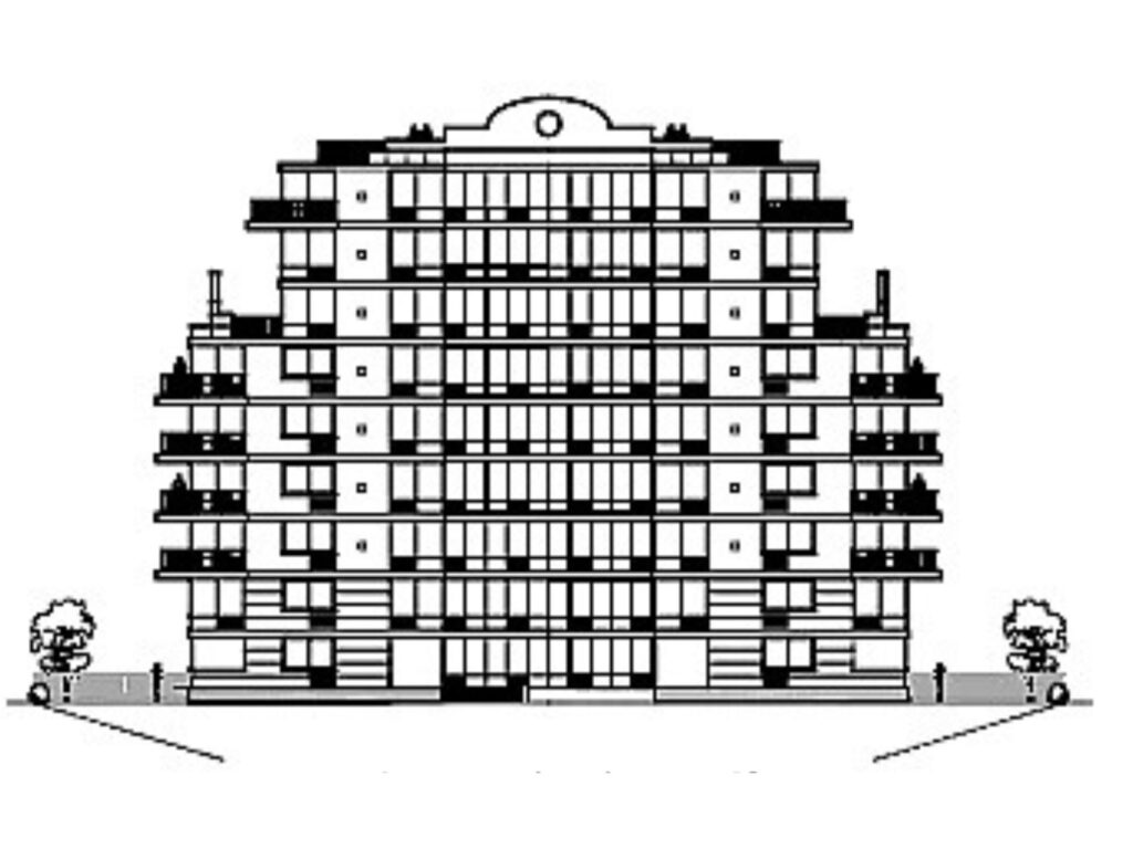 Architectural courtyard elevation drawing of the Caton Avenue residential development showing balconies, windows, and stepped massing.