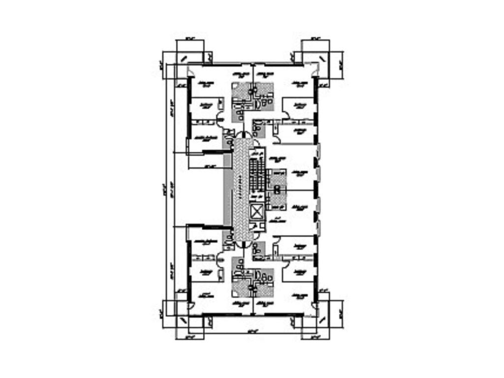 Lower level floor plan of the Caton Avenue residential building showing unit layouts, central circulation corridor, elevator, and stair access.