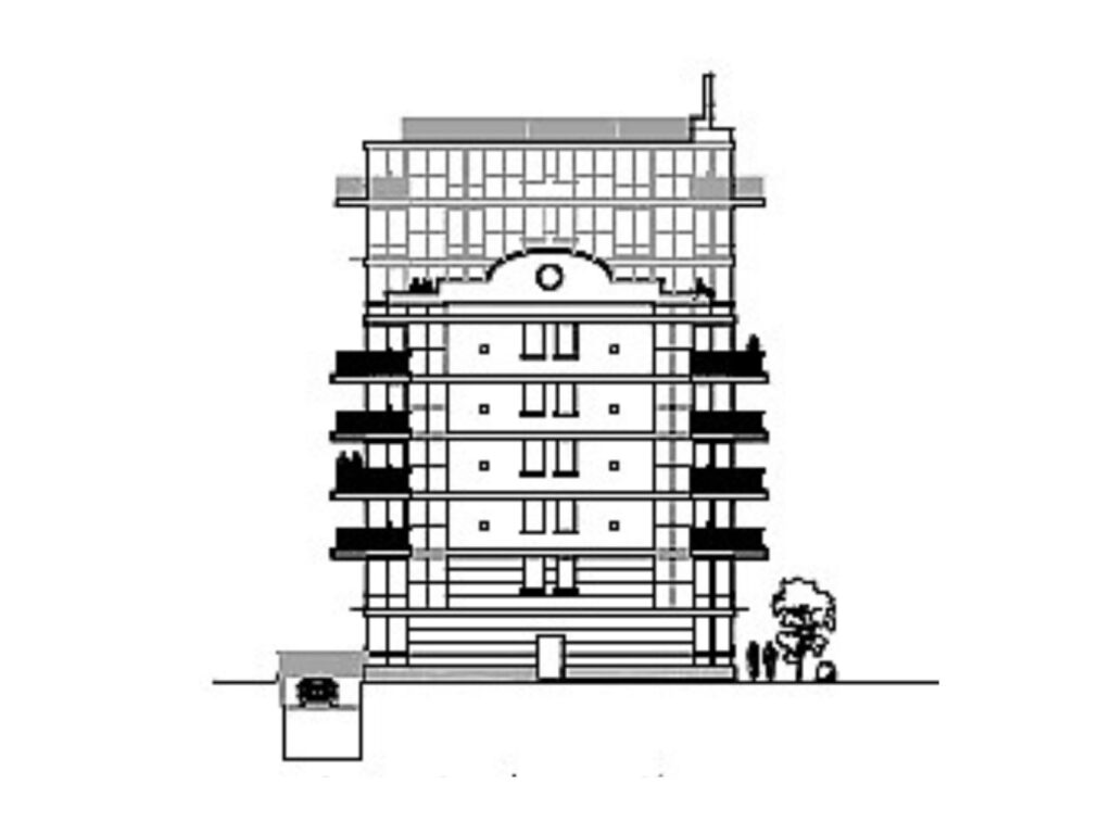 Street-facing elevation drawing of the Caton Avenue residential building showing façade composition, balconies, and rooftop setback.