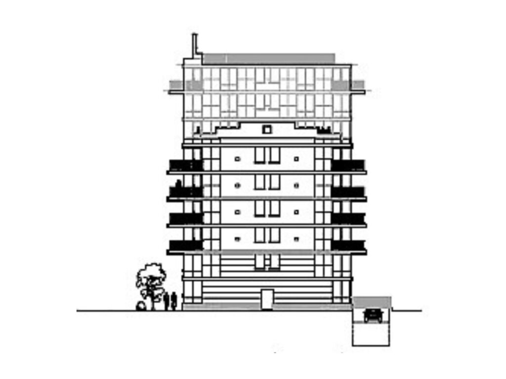 Side street elevation drawing of the Caton Avenue residential development showing building height, façade detailing, and rooftop massing.