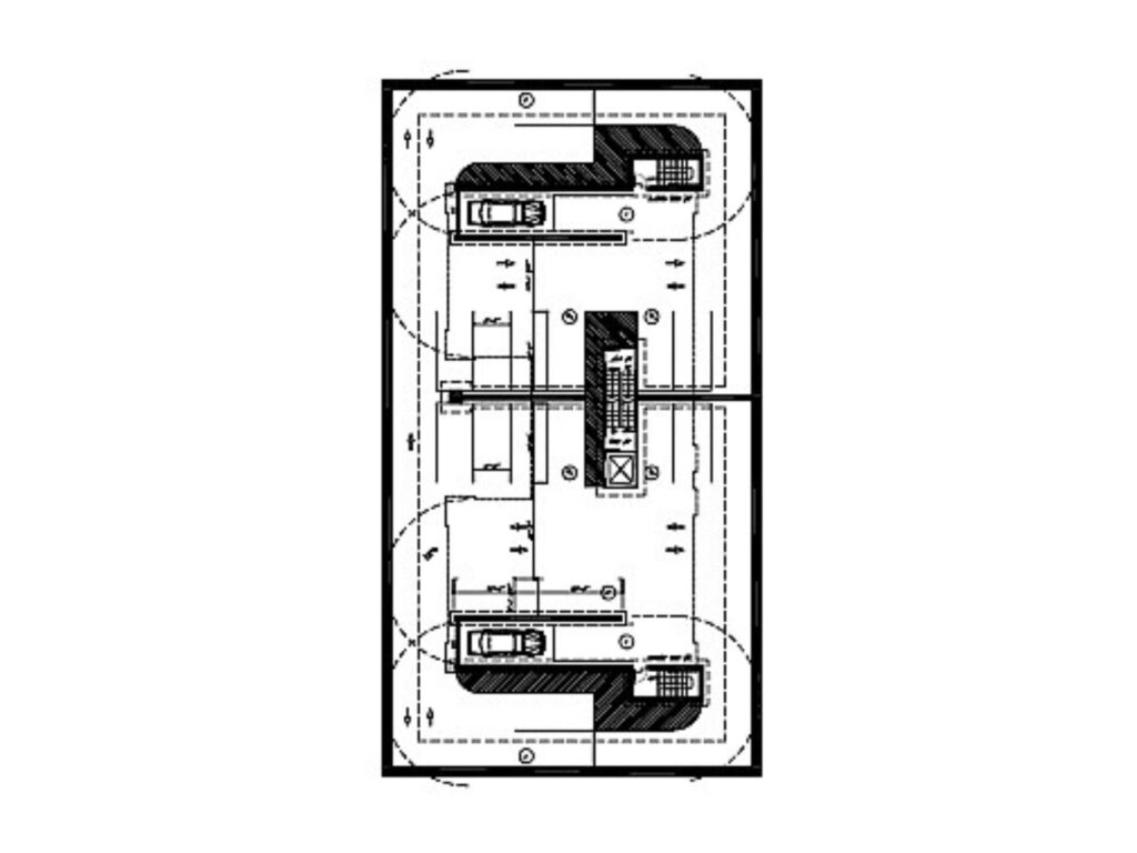 Sub-cellar parking layout for the Caton Avenue residential development showing vehicle circulation, parking spaces, elevator core, and stair access.