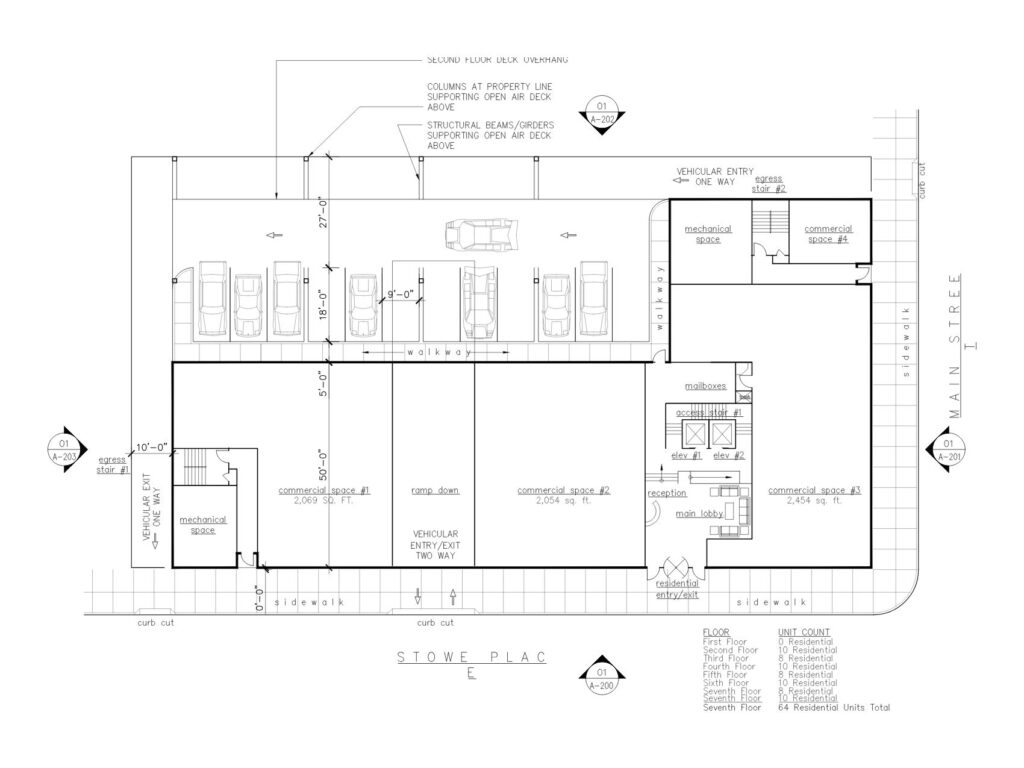 Architectural first-floor plan showing commercial retail spaces, lobby, reception area, elevators, parking access, mailroom, mechanical rooms, and pedestrian circulation.