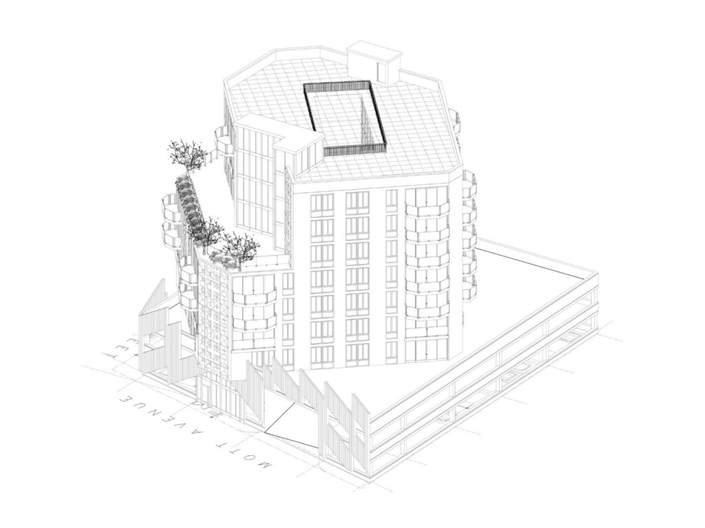 Technical drawing aerial perspective of the Mott Avenue residential building viewed from the northeast corner showing balconies, rooftop terrace, and structured parking.