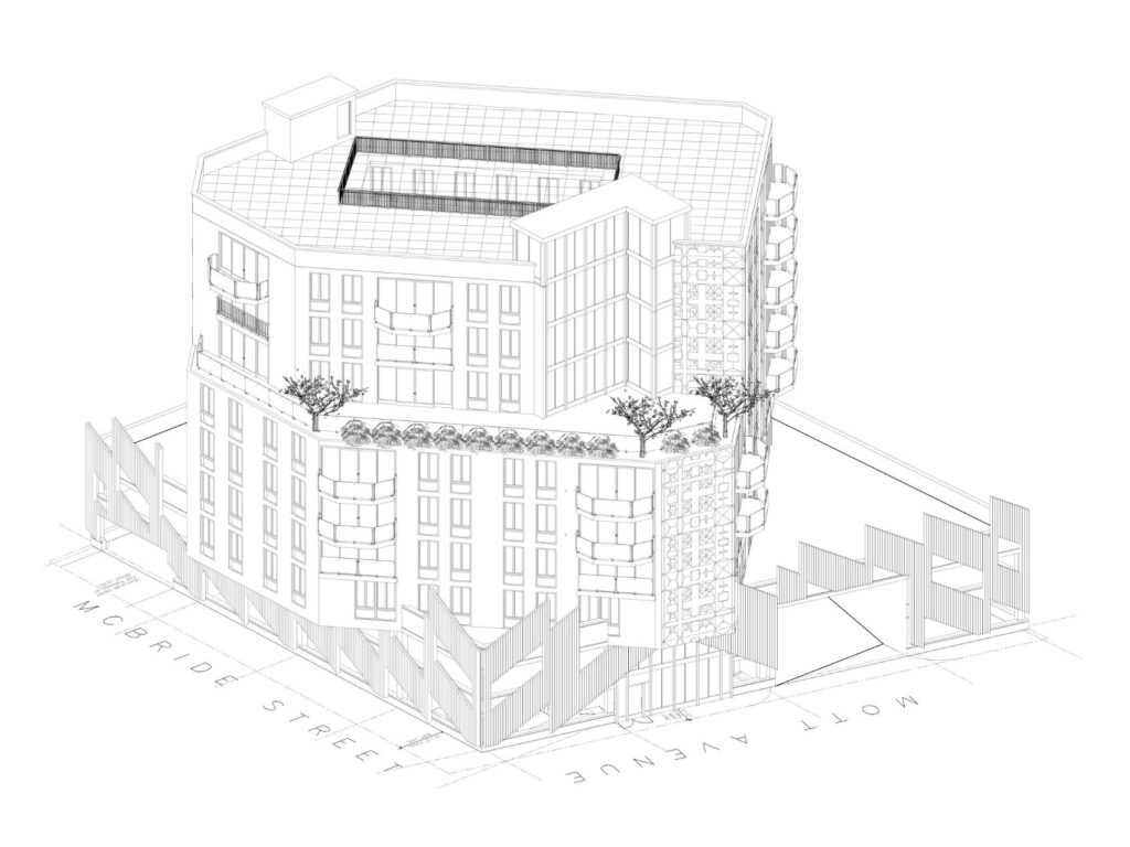 Technical drawing aerial perspective of the Mott Avenue mixed-use residential development showing rooftop terrace, landscaped podium, balconies, and parking structure.