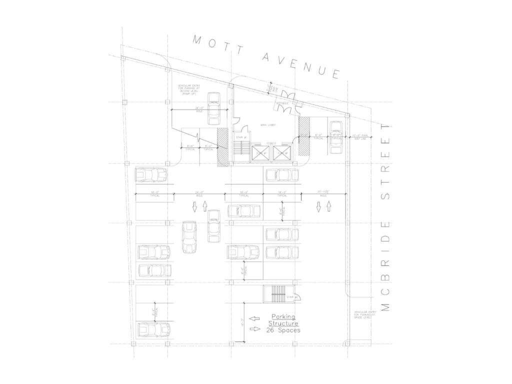First floor parking plan technical drawing for the Mott Avenue development showing vehicle circulation, parking spaces, elevators, lobby, and stair access.