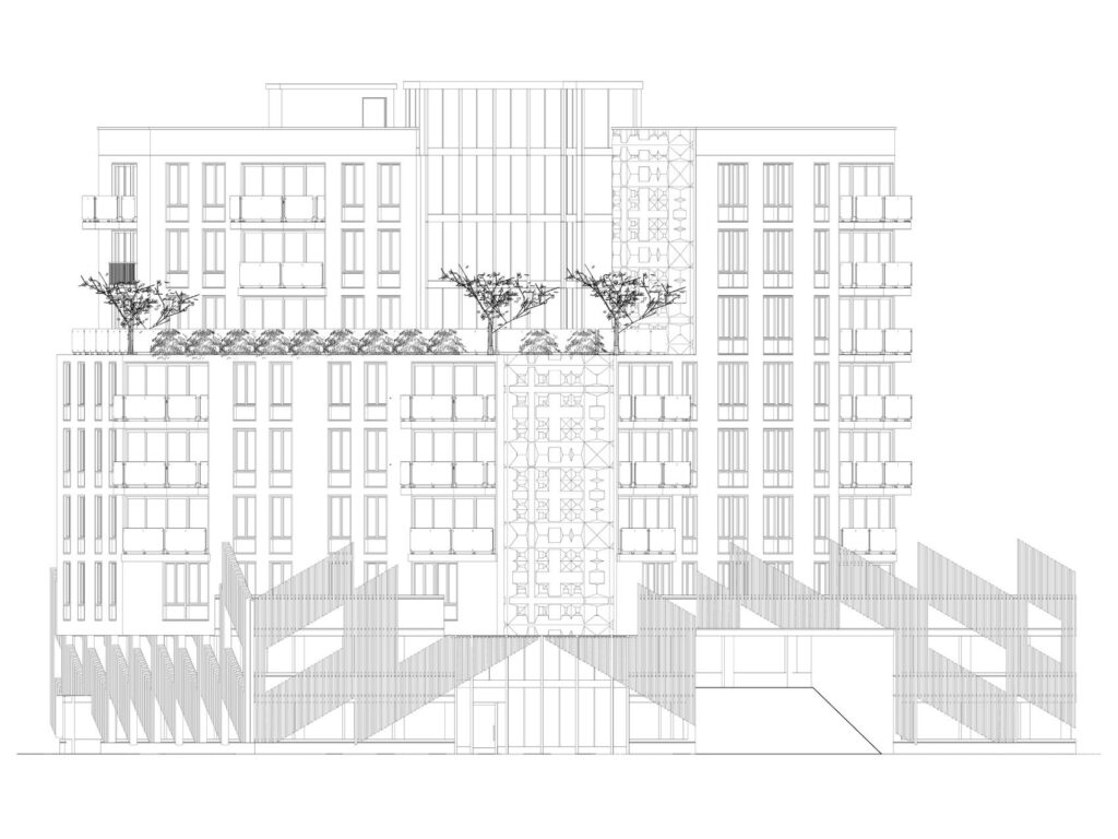 Front elevation technical drawing of the Mott Avenue mixed-use residential development showing façade design, balconies, landscaped terrace, and parking structure.