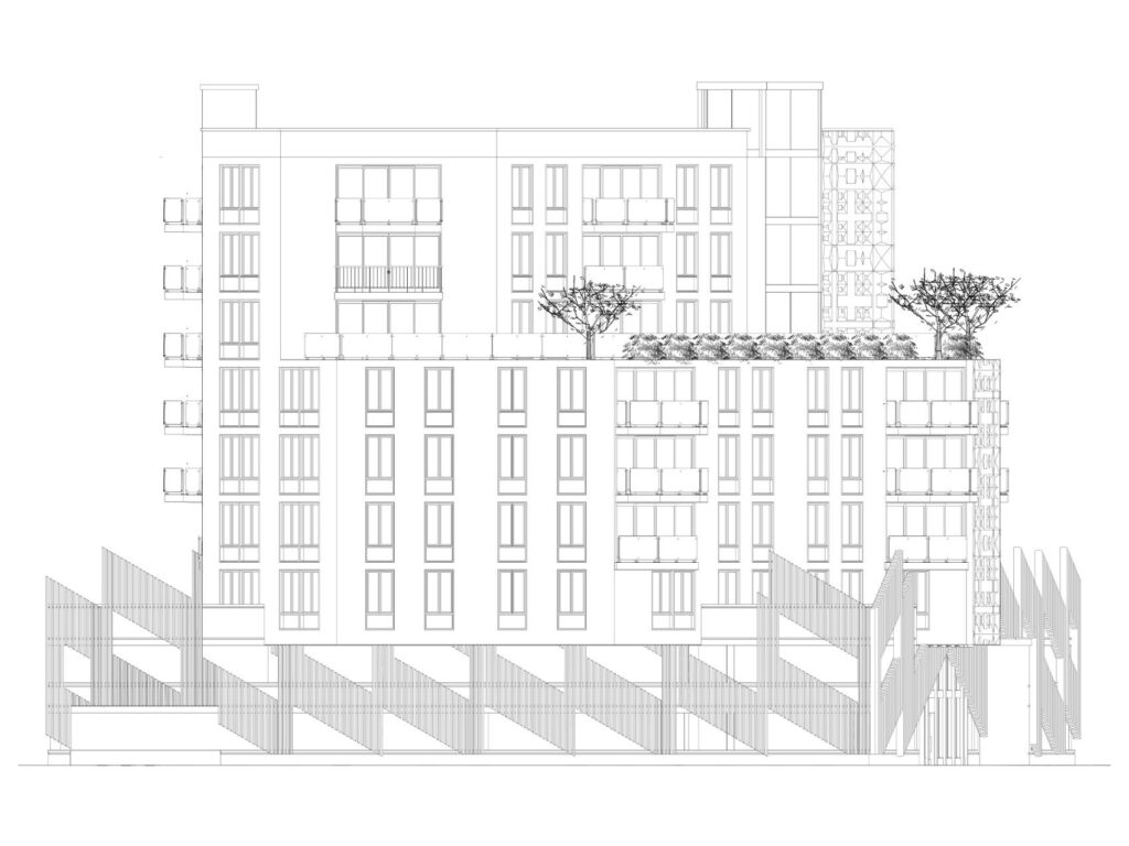 Rear elevation technical drawing of the Mott Avenue mixed-use residential development showing balconies, landscaped terrace level, and parking structure screening.