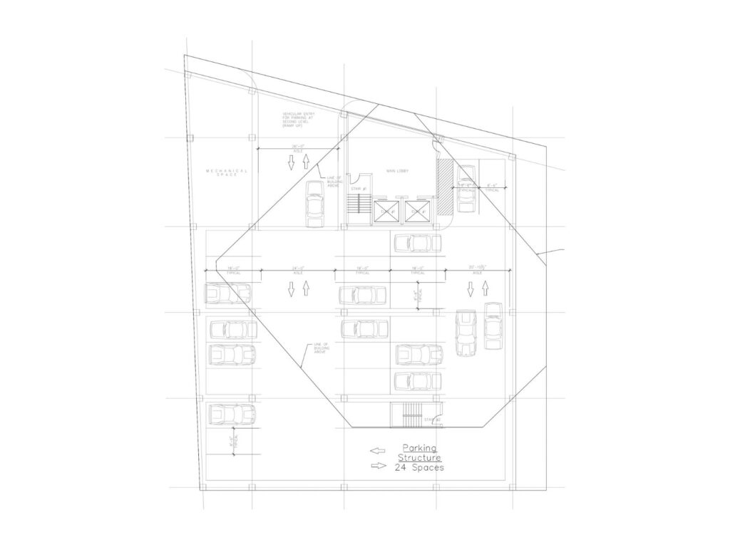 Second floor parking and lobby plan for the Mott Avenue development showing vehicle circulation, parking spaces, elevators, stair access, and building footprint above.