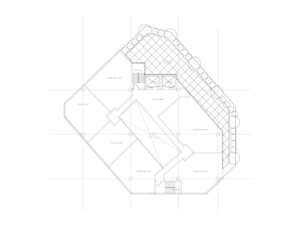 Upper residential floor plan for the Mott Avenue development showing apartment layouts, elevator cores, stair access, rooftop terrace areas, and central atrium.