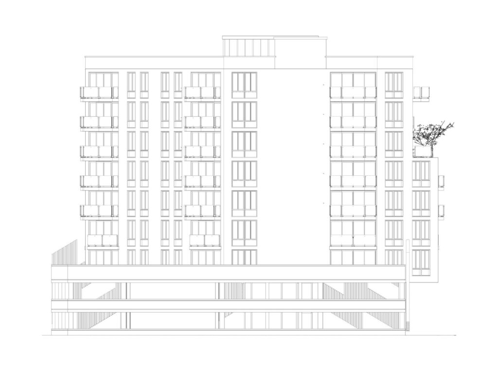 Side elevation technical drawing of the Mott Avenue mixed-use residential development showing residential floors, balconies, rooftop structures, and integrated parking garage.