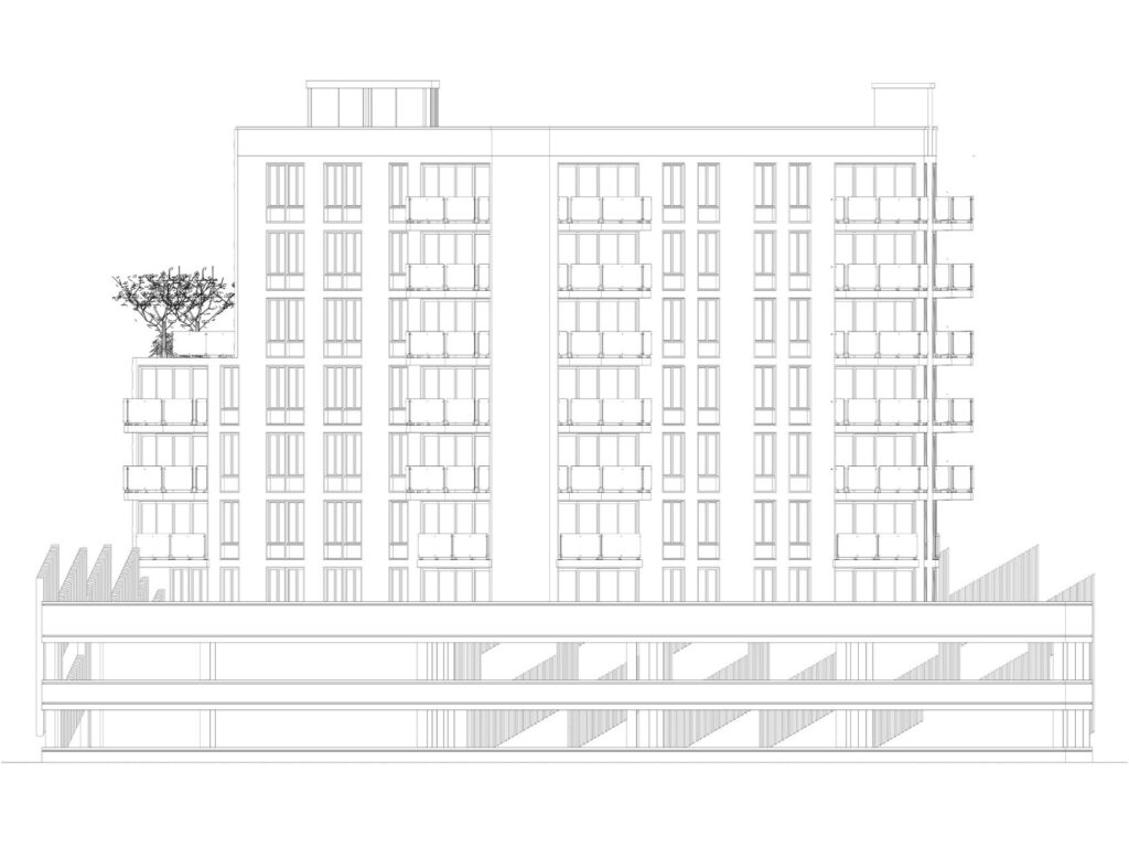 Side elevation technical drawing of the Mott Avenue residential development showing façade design, balconies, landscaped terrace level, and parking structure.