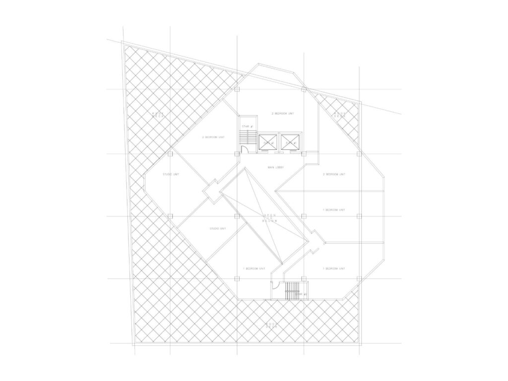 Third floor residential plan for the Mott Avenue development showing apartment layouts, elevator cores, stair access, lobby, and rooftop deck areas.