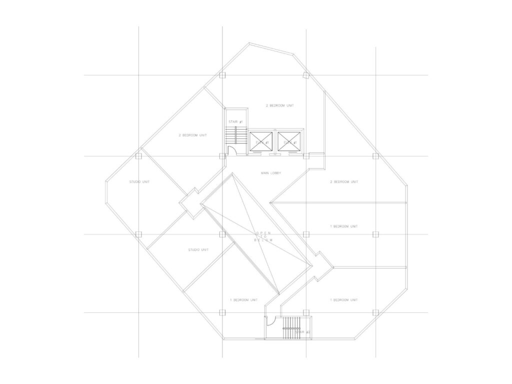 Fourth, fifth, and sixth floor residential plan for the Mott Avenue development showing apartment layouts, elevator cores, stairwells, and central atrium.