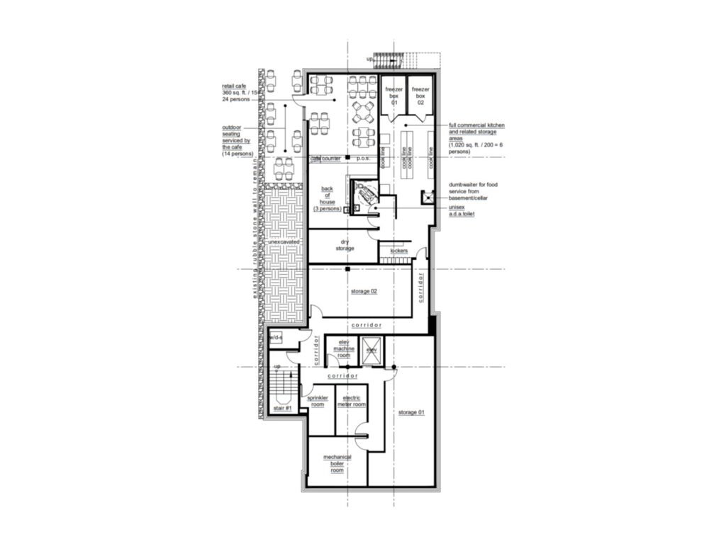 Architectural basement floor plan for the Newburgh Cultural Arts Center showing commercial kitchen, café support spaces, storage areas, mechanical rooms, elevator, and circulation paths.