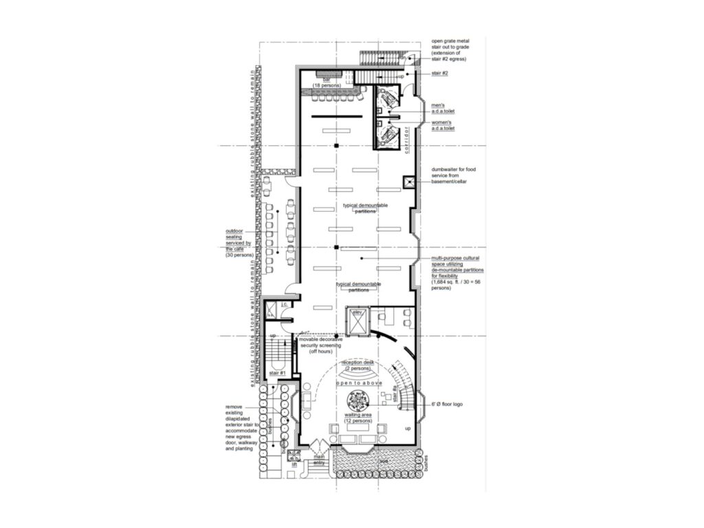 First floor architectural plan for the Newburgh Cultural Arts Center featuring reception, waiting area, multipurpose cultural space, bar area, outdoor seating, and public circulation.