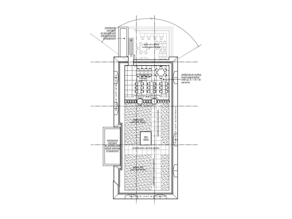Roof plan for the Newburgh Cultural Arts Center showing rooftop event space, seating areas, landscaped roof sections, mechanical screening, and circulation paths.