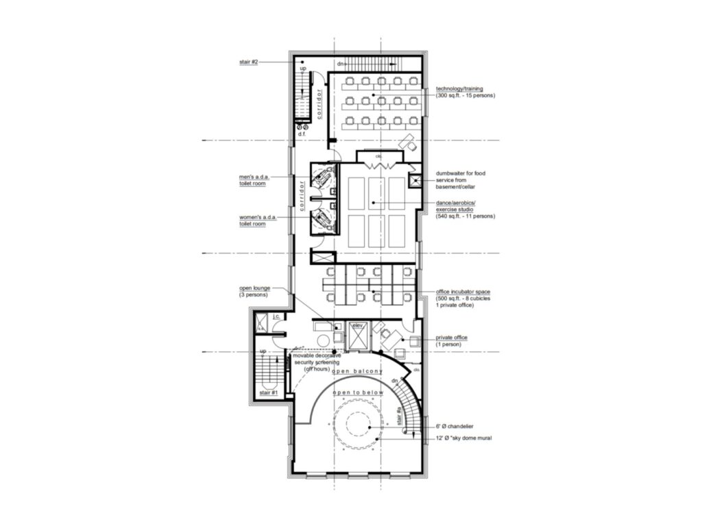 Second floor architectural plan showing technology training room, dance and exercise studio, office incubator space, private offices, lounge area, and balcony overlook.