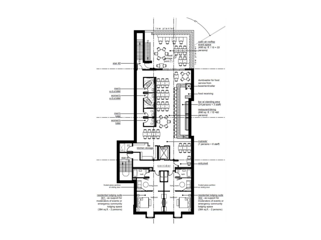 Third floor architectural plan featuring restaurant dining space, bar area, rooftop event terrace, lodging suites, kitchen support areas, and accessibility features.