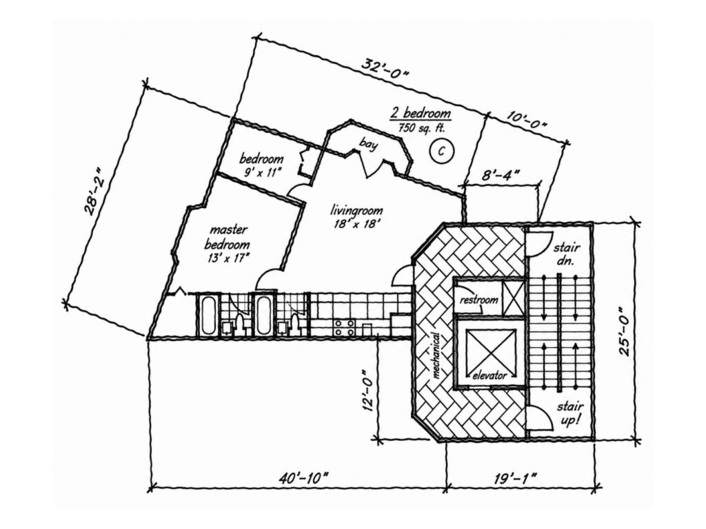 Upper-floor plan study for the Putnam Avenue project showing a two-bedroom residence with living area, bedrooms, bathrooms, kitchen, elevator, stairs, and mechanical core.