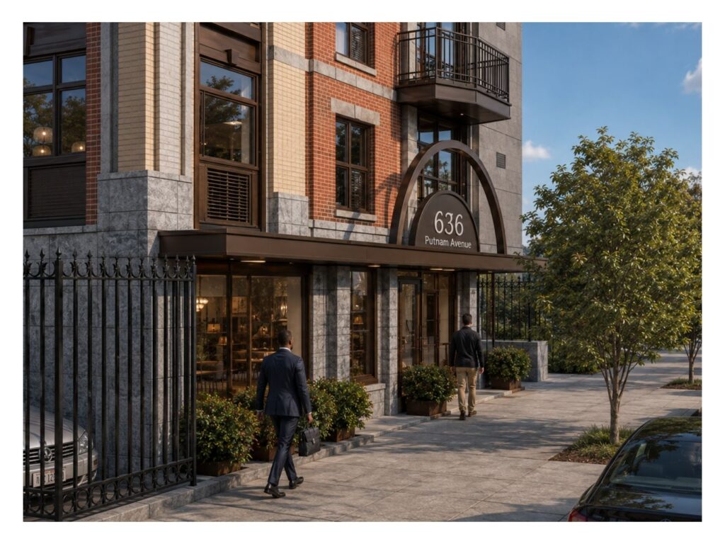 Street-level rendering of the entrance at 636 Putnam Avenue showing the arched entry canopy, brick and stone facade, landscaping, sidewalk, pedestrians, fencing, and parked cars.