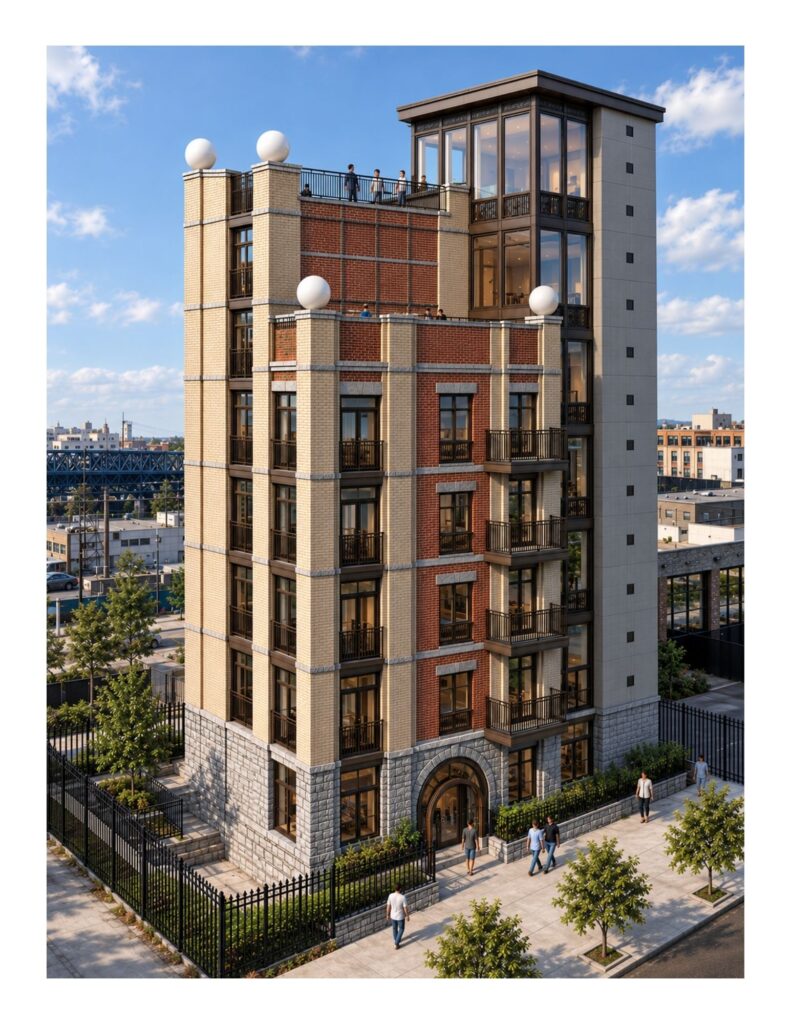 Exterior rendering of the Putnam Avenue residential building showing a multi-story brick and stone facade, balconies, rooftop terraces, glazed tower, landscaping, and main entrance.