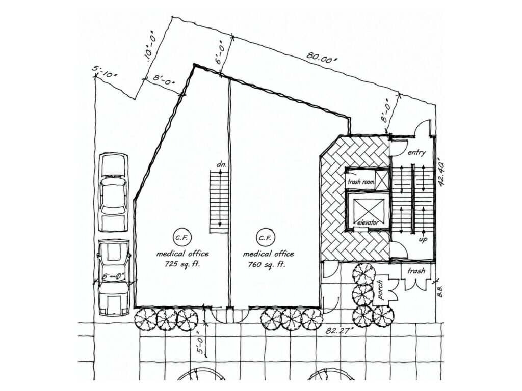 First-floor plan study for the Putnam Avenue residential project showing two existing dwellings, entry, elevator, stairs, mechanical area, porch, and site layout.