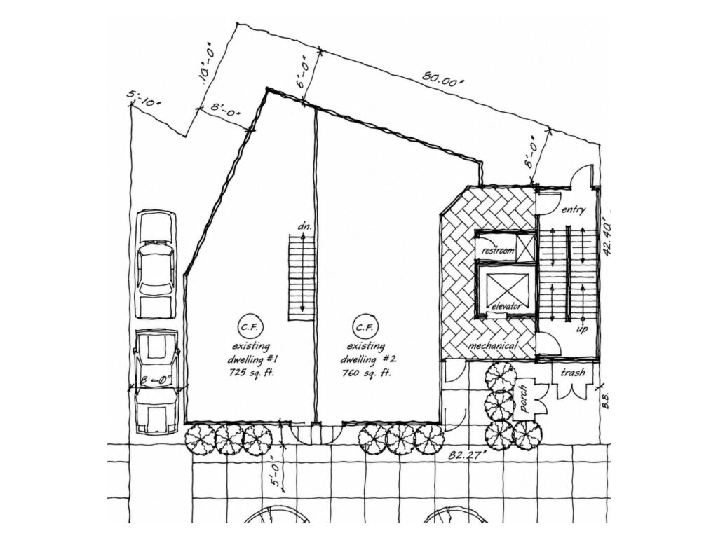 First-floor plan study for the Putnam Avenue residential project showing two existing dwellings, entry, elevator, stairs, mechanical area, porch, and site layout.